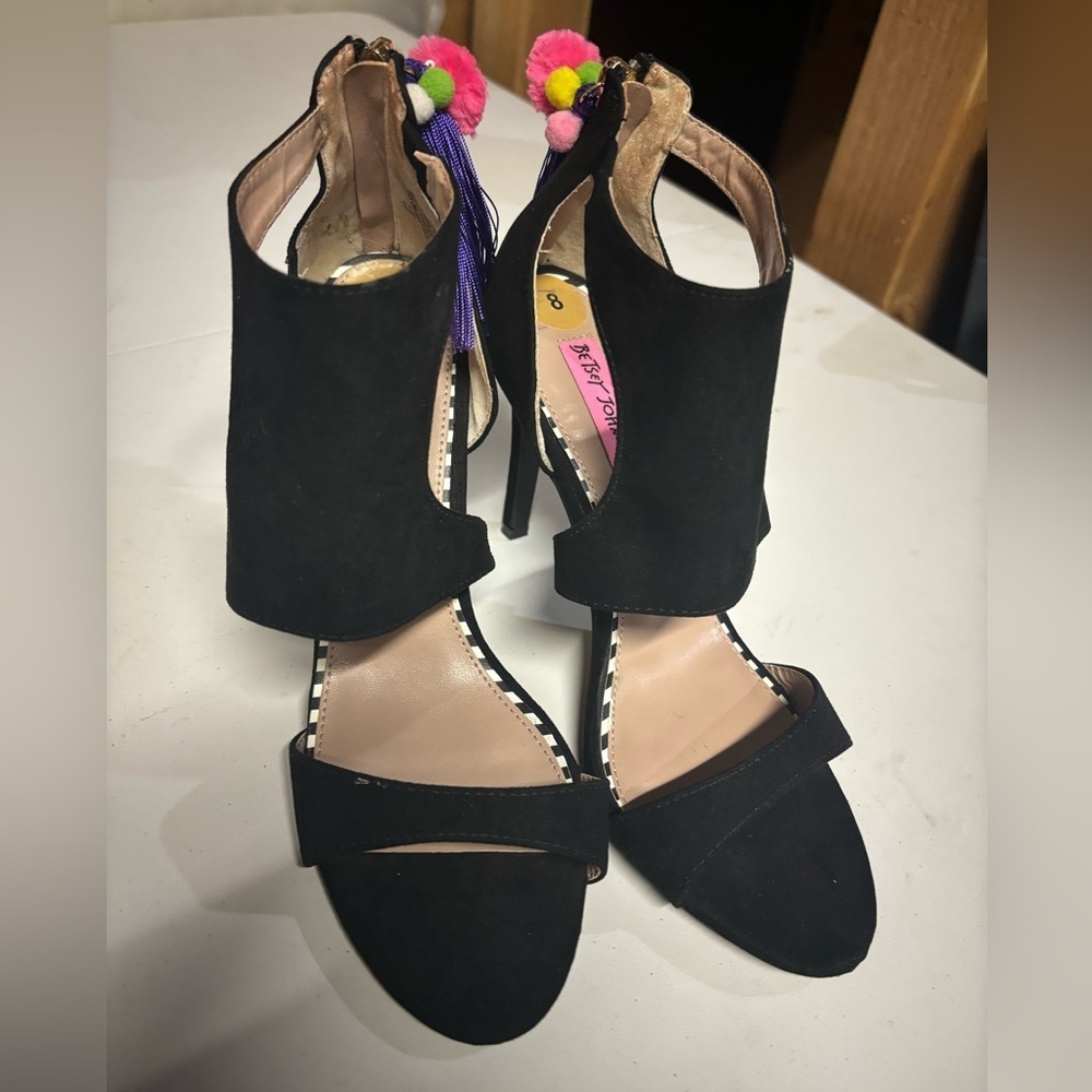 Betsey Johnson Black Heels with Colorful Pom Poms